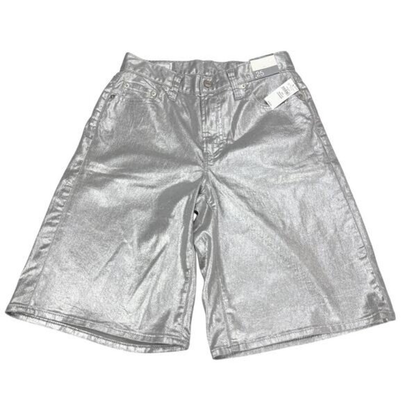 Gap Women's 11.5" Mid Rise Metallic Longline Denim Shorts In Silver Size 25 - Picture 2 of 6